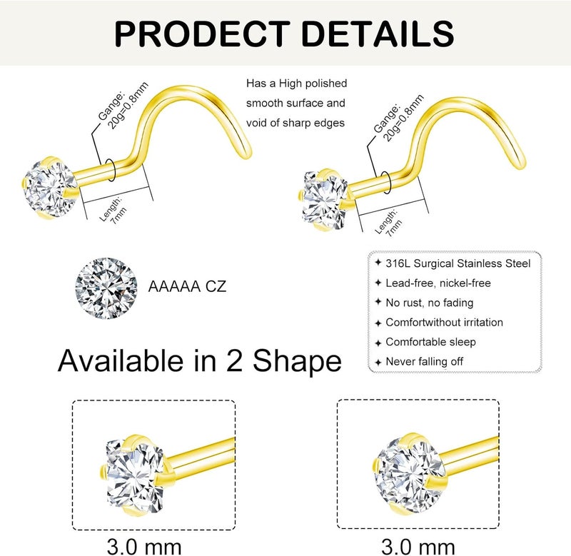 XoCiuKe 10Pcs 20G Nose Rings Studs for Women Corkscrew Sliver Nose Studs Hypoallergenic Nose Rings 316L Surgical Stainless Steel Nose Nostril Percing Jewely for Women Men Round Square CZ Imitation Diamond 1.5mm/2.0mm/2.5mm/3.0mm - Image 2